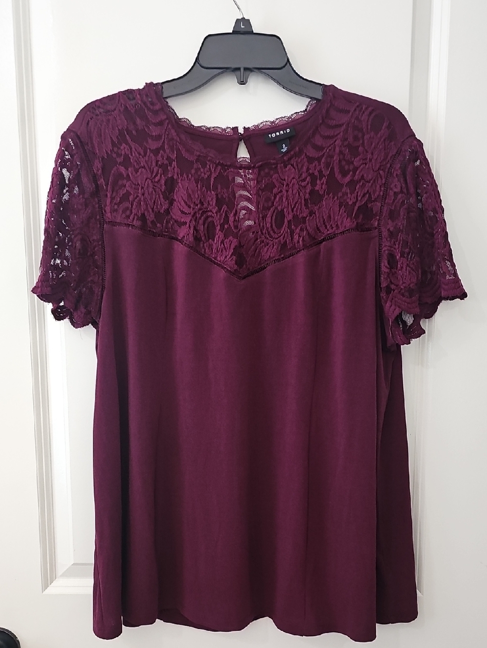 Torrid Burgundy Lace Yoke Short Sleeve Blouse